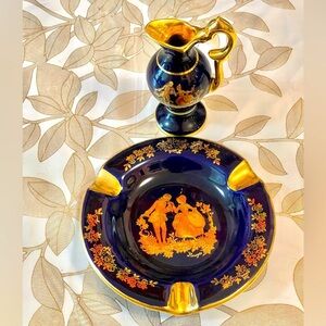 Set Of 2 Cobalt & Gold Limoges France Miniature Pitchers And Ashtray